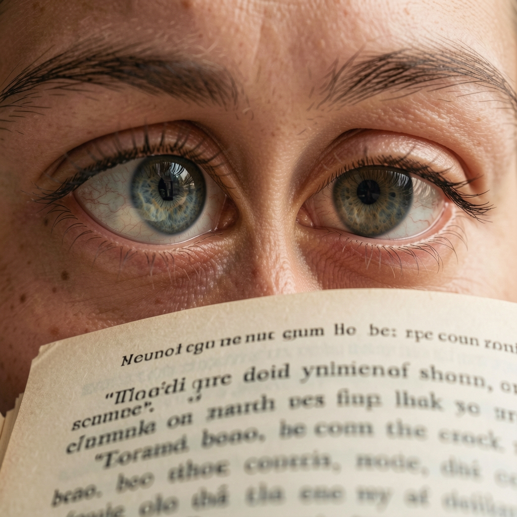 Крупный план глаза человека, отражающего страницу книги с текстом, символизируя процесс чтения и восприятия шрифта