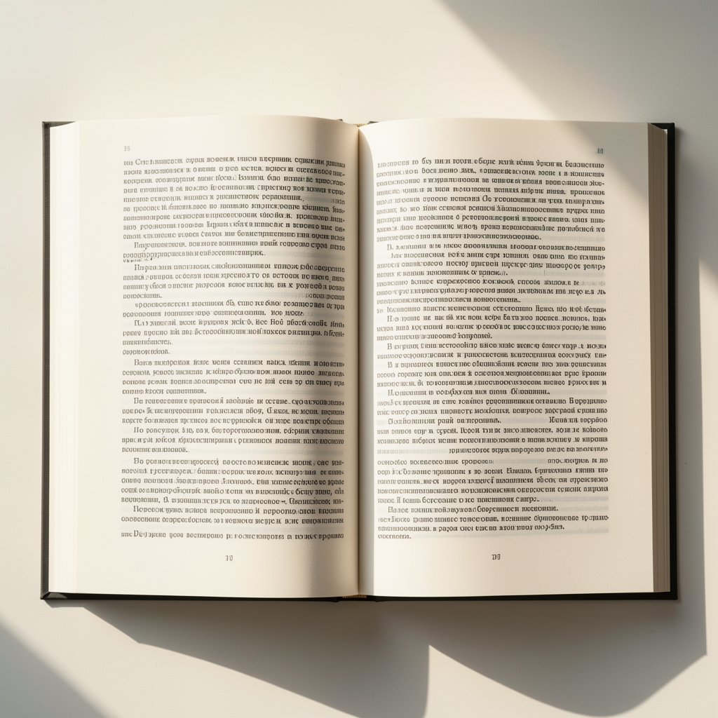 Страница книги, открытая при дневном свете, с мелким текстом двухколонного набора и чёткими отступами